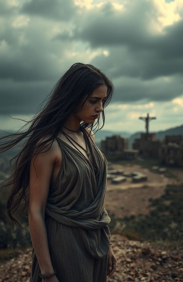 A troubled yet beautiful young female slave in ancient Rome, standing on a hill, her expression a mix of sorrow and fear as she watches a crucifixion taking place in the distance