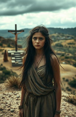 A troubled yet beautiful young female slave in ancient Rome, standing on a hill, her expression a mix of sorrow and fear as she watches a crucifixion taking place in the distance