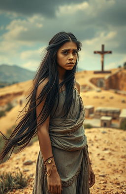 A troubled yet beautiful young female slave in ancient Rome, standing on a hill, her expression a mix of sorrow and fear as she watches a crucifixion taking place in the distance