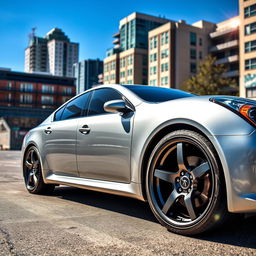 A stunning silver Infinity G37 sedan parked in a sunny urban environment, showcasing its sleek, aerodynamic design