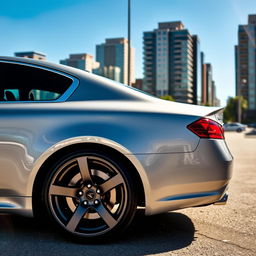 A stunning silver Infinity G37 sedan parked in a sunny urban environment, showcasing its sleek, aerodynamic design