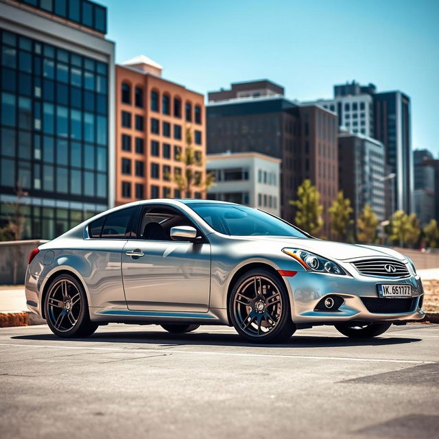 A stunning silver Infinity G37 sedan parked in a sunny urban environment, showcasing its sleek, aerodynamic design