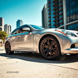 A stunning silver Infinity G37 sedan parked in a sunny urban environment, showcasing its sleek, aerodynamic design
