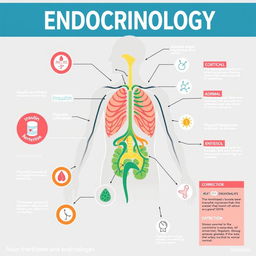 A scientific poster showcasing endocrinology, prominently featuring various hormones such as insulin, adrenaline, cortisol, thyroid hormones, and estrogen