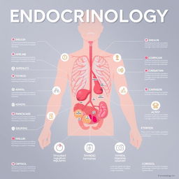 A scientific poster showcasing endocrinology, prominently featuring various hormones such as insulin, adrenaline, cortisol, thyroid hormones, and estrogen