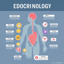 A scientific poster showcasing endocrinology, prominently featuring various hormones such as insulin, adrenaline, cortisol, thyroid hormones, and estrogen