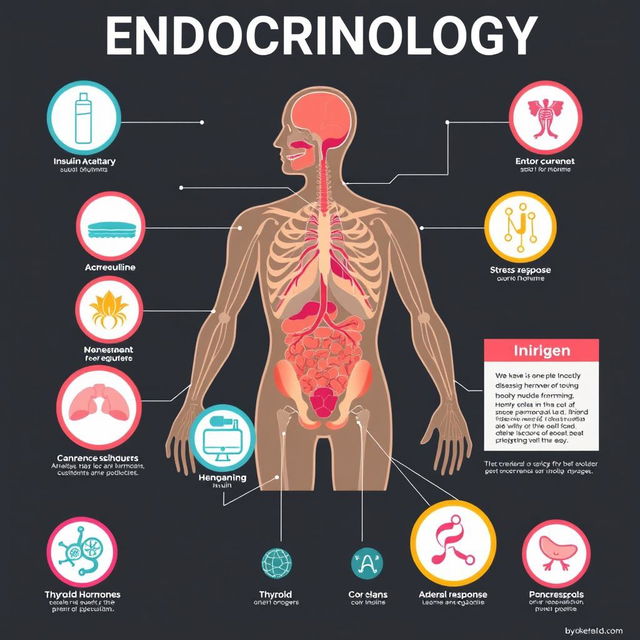 A scientific poster showcasing endocrinology, prominently featuring various hormones such as insulin, adrenaline, cortisol, thyroid hormones, and estrogen