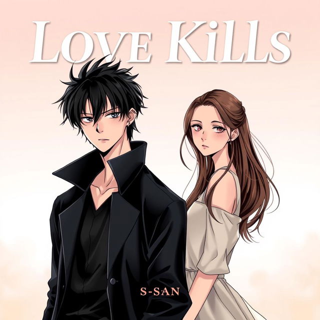 Professional manhwa cover for ‘Love Kills’, showcasing the male and female leads standing together side by side, close yet not touching