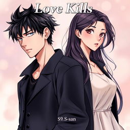 Professional manhwa cover for ‘Love Kills’, illustrating the male and female leads standing side by side, close yet not touching each other
