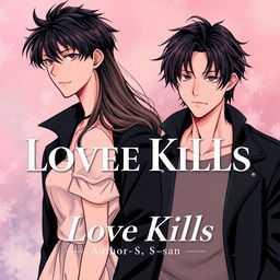 Professional manhwa cover for ‘Love Kills’, illustrating the male and female leads standing side by side, close yet not touching each other
