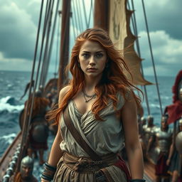 A troubled and beautiful young female slave on an ancient Roman war galley, standing amidst the chaos of battle on the open sea