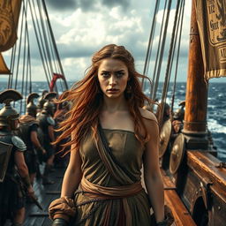 A troubled and beautiful young female slave on an ancient Roman war galley, standing amidst the chaos of battle on the open sea
