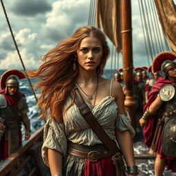 A troubled and beautiful young female slave on an ancient Roman war galley, standing amidst the chaos of battle on the open sea