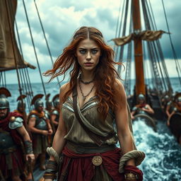 A troubled and beautiful young female slave on an ancient Roman war galley, standing amidst the chaos of battle on the open sea
