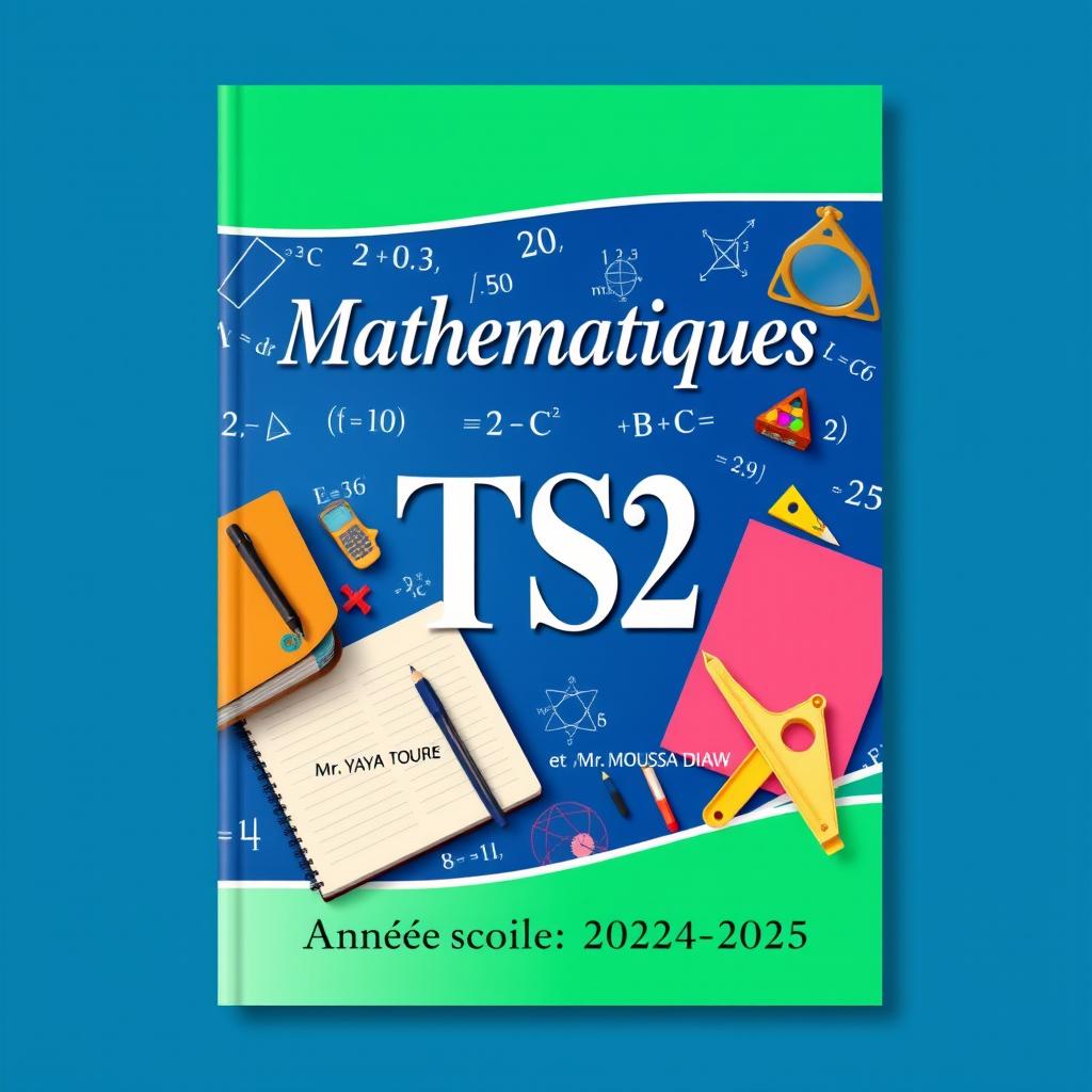 A visually striking cover for a TS2 Mathematics textbook, featuring traditional elements of homework and geometry like notebooks, compasses, and mathematical equations in the background