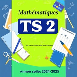 A visually striking cover for a TS2 Mathematics textbook, featuring traditional elements of homework and geometry like notebooks, compasses, and mathematical equations in the background