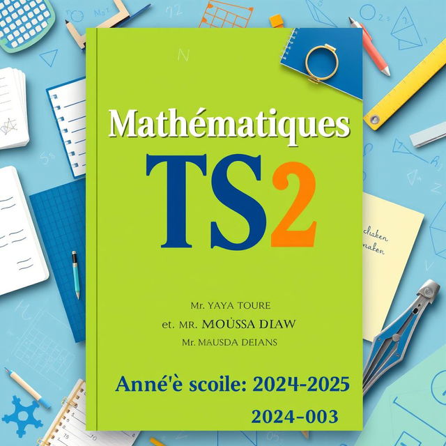 A visually striking cover for a TS2 Mathematics textbook, featuring traditional elements of homework and geometry like notebooks, compasses, and mathematical equations in the background