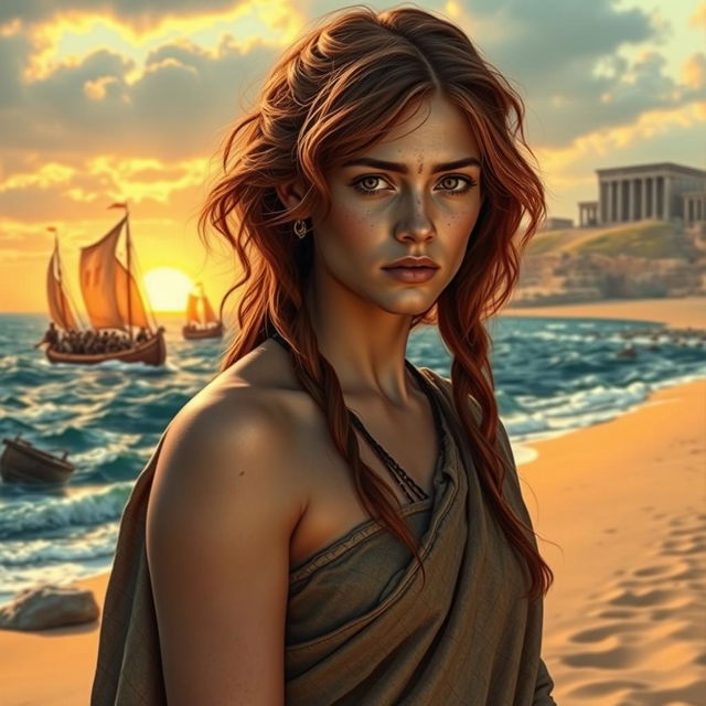 A troubled and beautiful young female slave in ancient Rome, standing on the shore and watching Roman war galleys sail into the distance