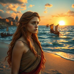A troubled and beautiful young female slave in ancient Rome, standing on the shore and watching Roman war galleys sail into the distance