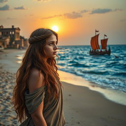 A troubled and beautiful young female slave in ancient Rome, standing on the shore and watching Roman war galleys sail into the distance