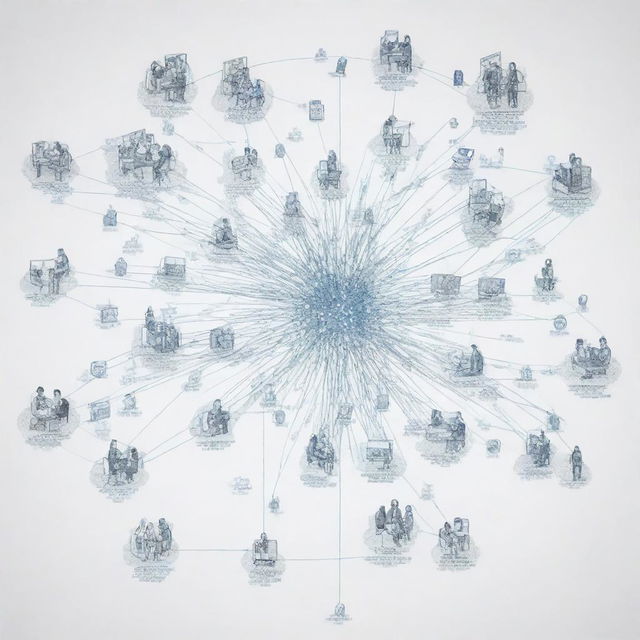 A detailed, intricate schematic of a school, illustrating its digital population of students. Each student is represented by a node, and connections show their interrelationships.