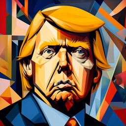 A unique Picasso-styled Cubist portrait of Donald Trump, focusing on geometrical forms and multiple perspectives while avoiding any political connotations.