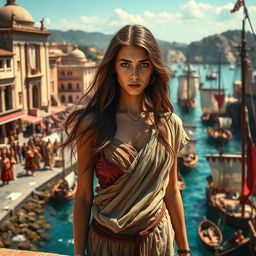 A troubled beautiful young female slave in ancient Rome, standing on a bustling harbor filled with ships and traders