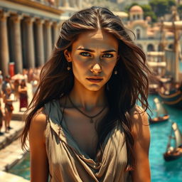 A troubled beautiful young female slave in ancient Rome, standing on a bustling harbor filled with ships and traders