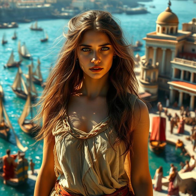 A troubled beautiful young female slave in ancient Rome, standing on a bustling harbor filled with ships and traders