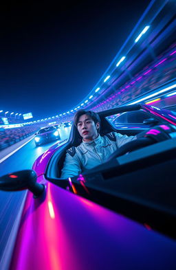 A thrilling car race scene featuring Jungkook, dressed in a cool racing outfit, speeding in a stylish sports car, surrounded by dark neon lights that illuminate the track
