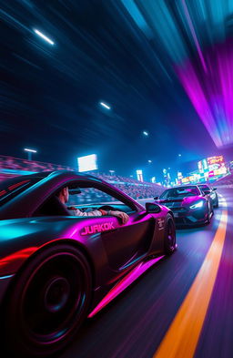 A thrilling car race scene featuring Jungkook, dressed in a cool racing outfit, speeding in a stylish sports car, surrounded by dark neon lights that illuminate the track