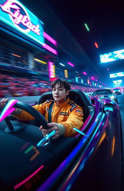 A thrilling car race scene featuring Jungkook, dressed in a cool racing outfit, speeding in a stylish sports car, surrounded by dark neon lights that illuminate the track