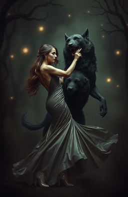 A dramatic scene depicting a mesmerizing dance between a beautiful, confident woman in an elegant, flowing gown and Cerberus, the three-headed dog from mythology