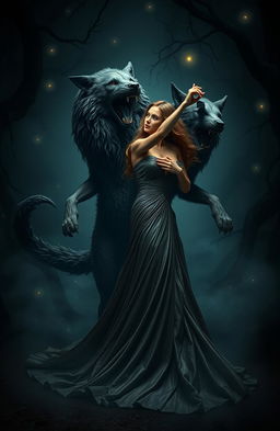 A dramatic scene depicting a mesmerizing dance between a beautiful, confident woman in an elegant, flowing gown and Cerberus, the three-headed dog from mythology