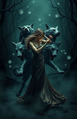 A dramatic scene depicting a mesmerizing dance between a beautiful, confident woman in an elegant, flowing gown and Cerberus, the three-headed dog from mythology