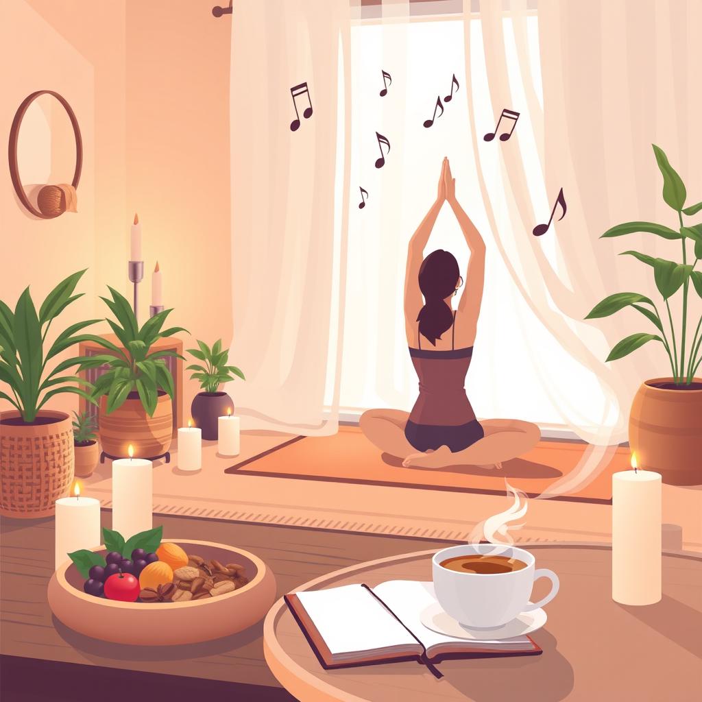 A serene and calming scene illustrating self-care and wellness, featuring a cozy room with warm lighting