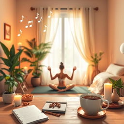 A serene and calming scene illustrating self-care and wellness, featuring a cozy room with warm lighting