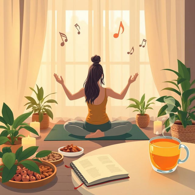 A serene and calming scene illustrating self-care and wellness, featuring a cozy room with warm lighting