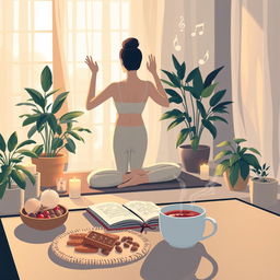 A serene and calming scene illustrating self-care and wellness, featuring a cozy room with warm lighting