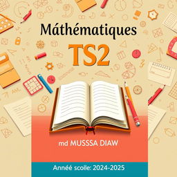 An attractive cover design for a TS2 Mathematics textbook, incorporating traditional themes of homework and composition