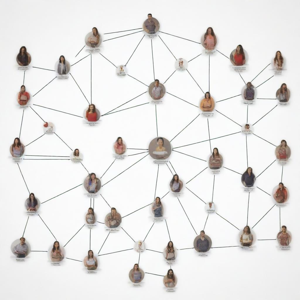 A complex schematic representation of a digital population of school students. Each individual student is symbolized as a distinct node, with connections depicting their relationships.