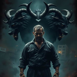 A visually striking and emotional scene that captures the essence of a man transforming from a good, honest family man into a figure of darkness and conflict