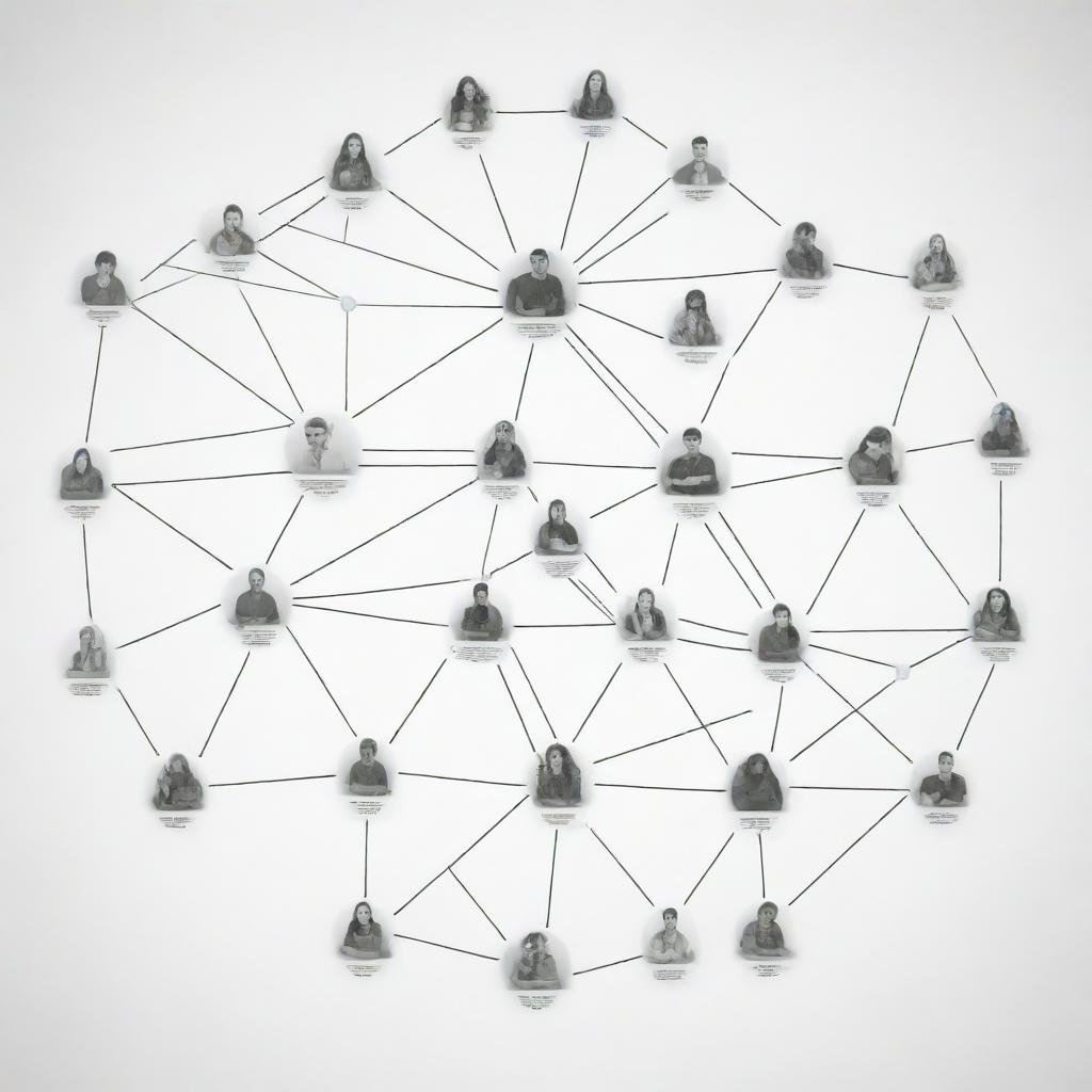 A complex schematic representation of a digital population of school students. Each individual student is symbolized as a distinct node, with connections depicting their relationships.