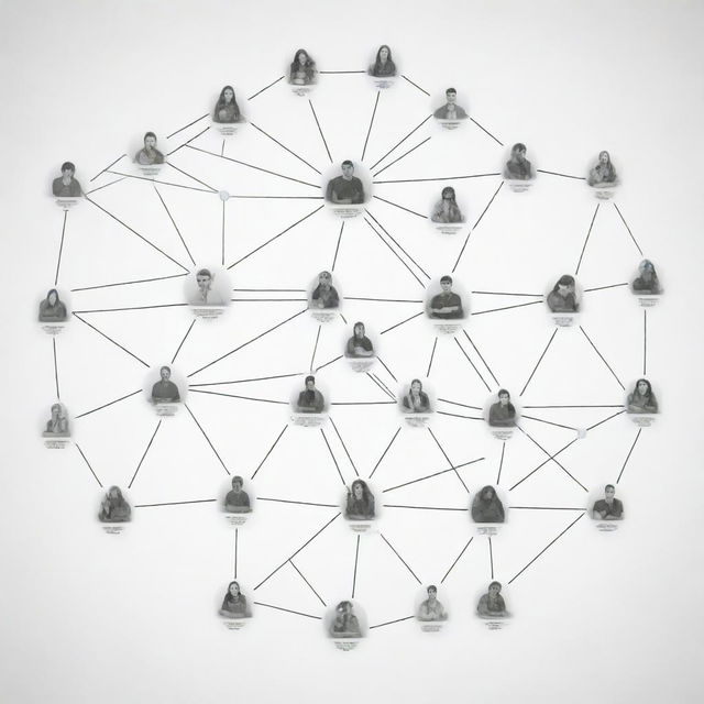 A complex schematic representation of a digital population of school students. Each individual student is symbolized as a distinct node, with connections depicting their relationships.