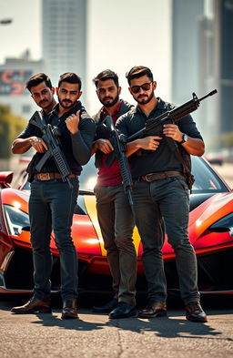 Four men with medium-toned skin holding weapons, confidently standing together