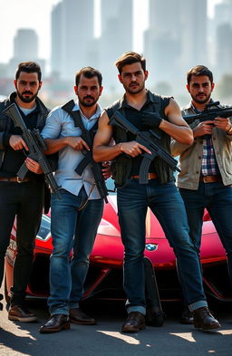 Four men with medium-toned skin holding weapons, confidently standing together