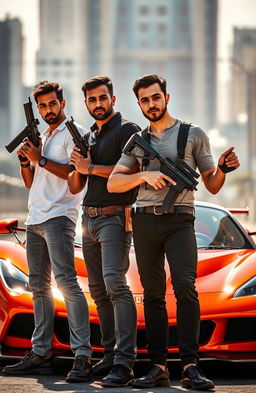 Four men with medium-toned skin holding weapons, confidently standing together