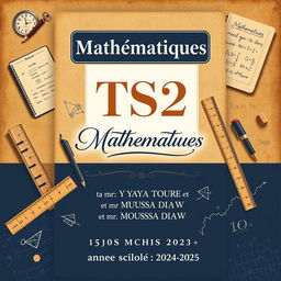An elegant cover design for a TS2 Mathematics textbook, featuring vintage elements of homework and composition such as classic notebooks, rulers, and mathematical formulas