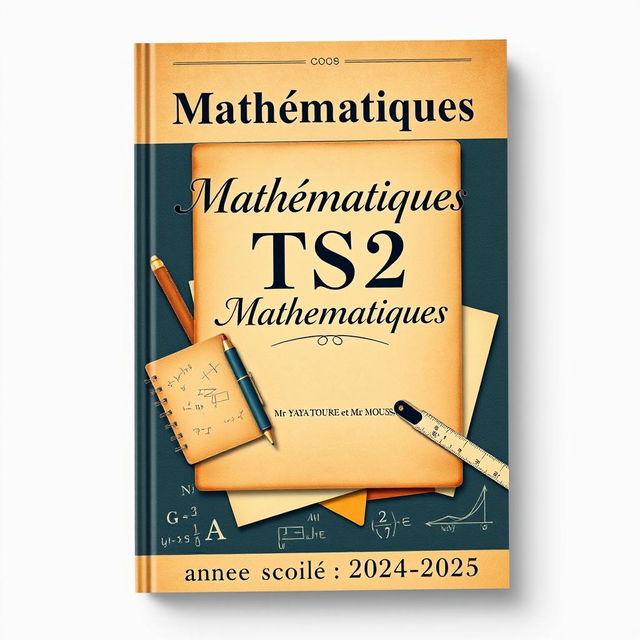 An elegant cover design for a TS2 Mathematics textbook, featuring vintage elements of homework and composition such as classic notebooks, rulers, and mathematical formulas