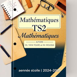 An elegant cover design for a TS2 Mathematics textbook, featuring vintage elements of homework and composition such as classic notebooks, rulers, and mathematical formulas